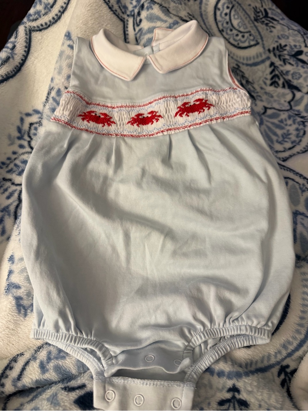 Magnolia Pale Blue Bubble Romper with Red Crab Smocking